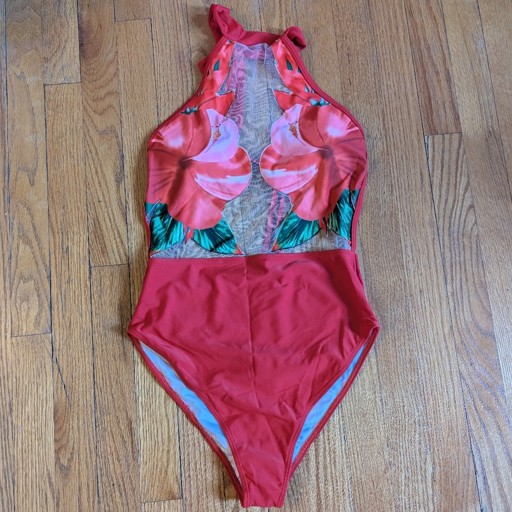 NWOT Medium Red Floral Halter Swimsuit
